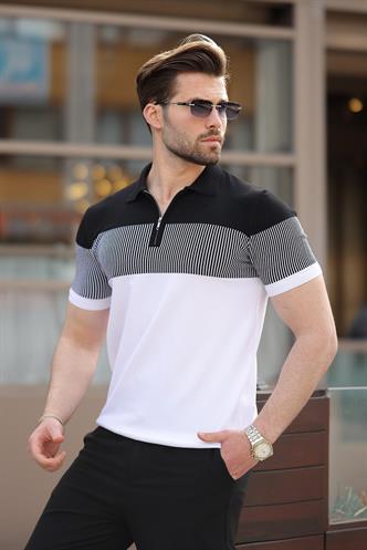 Beyaz Renk Bloklu Polo Yaka Triko Erkek T-shirt E7409