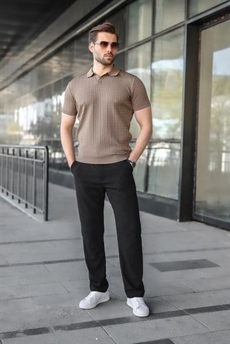 Açık Kahverengi Slim Fit Polo Yaka Triko Erkek Tişört E7472