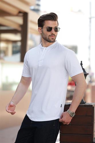 Beyaz Hakim Yaka Düğme Detaylı Kısa Kollu Tişört 7021