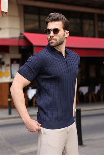 Lacivert Polo Yaka Slim Fit Triko Erkek Tişört E7465