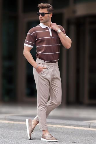 Kahverengi Çizgili Polo Yaka Fermuarlı Tişört 6898