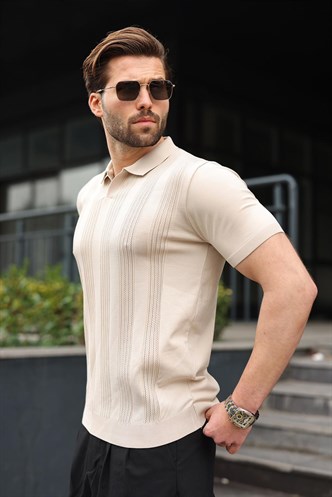 Taş Rengi Polo Yaka Triko Erkek Tişört E7469