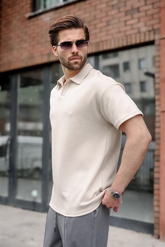 Taş Rengi Polo Yaka Oversize Erkek Tişört E7185