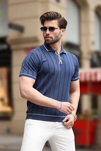 Lacivert Düğmeli Polo Yaka Triko Erkek Tişört E7408