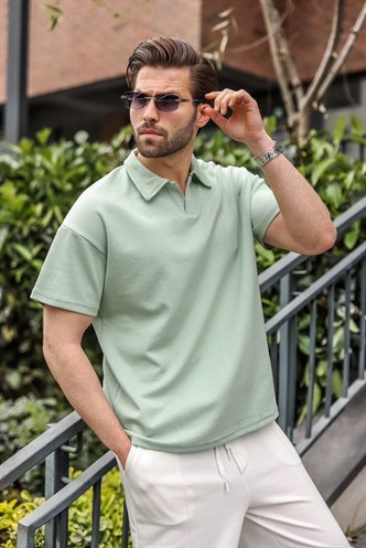 Mint Yeşili Polo Yaka Oversize Erkek Tişört E7185