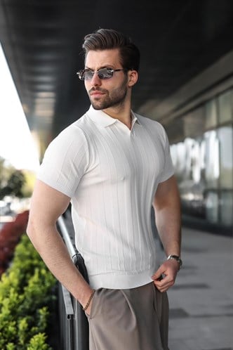 Beyaz Slim Fit Polo Yaka Triko Erkek Tişört E7491