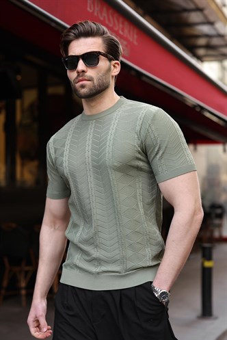 Haki Bisiklet Yaka Slim Fit Triko Erkek Tişört E7466