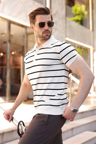 Beyaz Çizgili Polo Yaka Triko Erkek T-shirt E7405