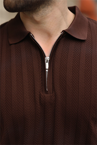 Kahverengi Yarım Fermuarlı Polo Yaka Erkek Triko Tişört E7458