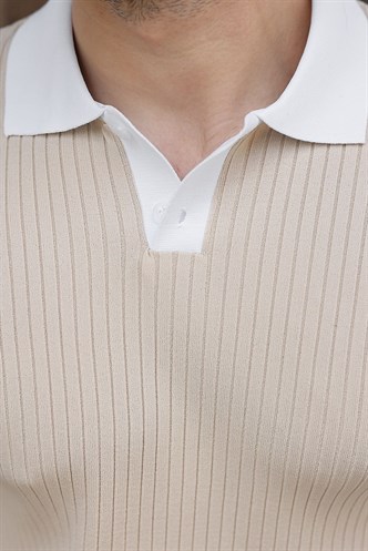 Taş Rengi Polo Yaka Triko Erkek Tişört E7471