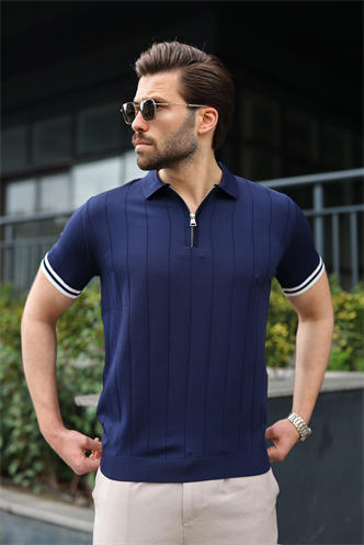 Madmext Erkek Lacivert Polo Yaka Fermuarlı Tişört 6876