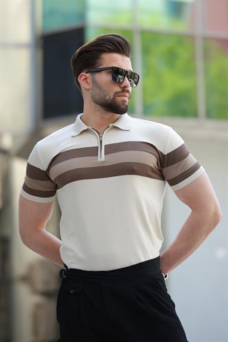 Taba Fermuarlı Polo Yaka Çizgili Erkek Tişört E7406