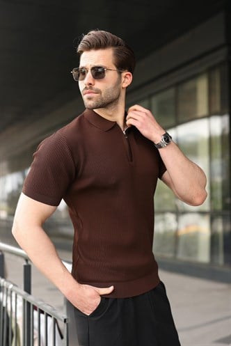 Kahverengi Yarım Fermuar Detaylı Polo Yaka Triko Erkek Tişört E7492
