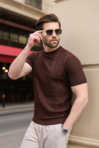 Kahverengi Bisiklet Yaka Slim Fit Triko Erkek Tişört E7466