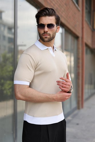 Taş Rengi Polo Yaka Triko Erkek Tişört E7471