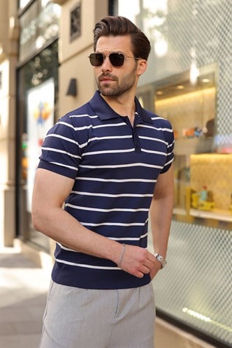 Lacivert Çizgili Polo Yaka Triko Erkek T-shirt E7405