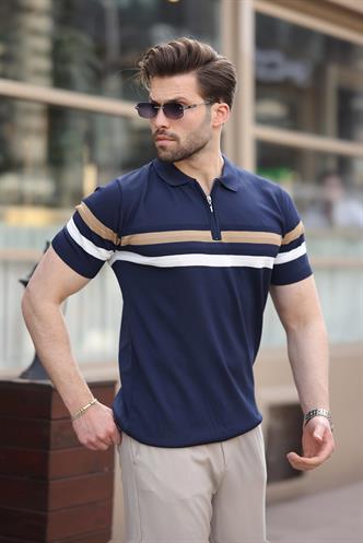Lacivert Fermuarlı Polo Yaka Triko Erkek T-shirt E7299