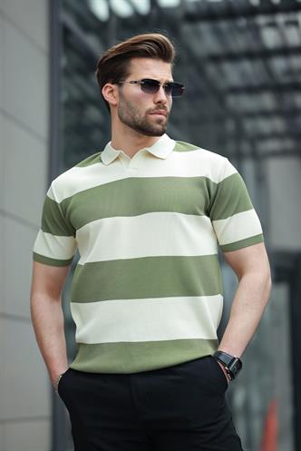 Haki Polo Yaka Çizgili Erkek Triko Tişört E7411