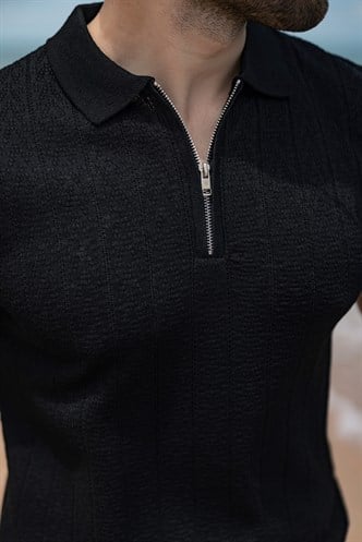 Siyah Regular Fit Polo Yaka Triko Erkek Tişört E7503