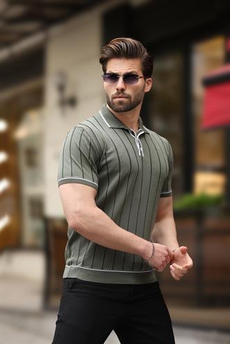 Haki Düğmeli Polo Yaka Triko Erkek Tişört E7408