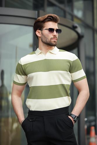 Haki Polo Yaka Çizgili Erkek Triko Tişört E7411