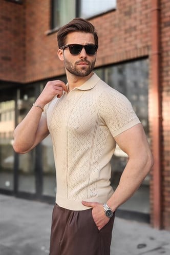 Taş Rengi Delikli Polo Yaka Erkek Triko Tişört E7495