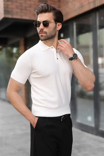 Beyaz Çıt Kapamalı Polo Yaka Triko Erkek Tişört E7493
