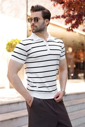 Beyaz Çizgili Polo Yaka Triko Erkek T-shirt E7405