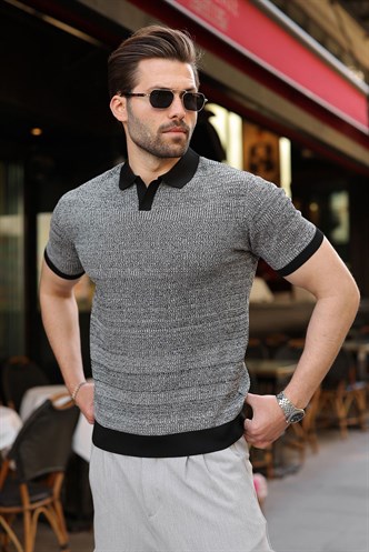 Siyah Polo Yaka Regular Fit Erkek Triko Tişört E7496