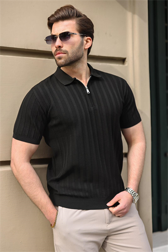 Siyah Yarım Fermuarlı Polo Yaka Erkek Triko Tişört E7458