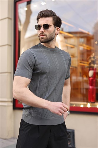 Antrasit Bisiklet Yaka Slim Fit Triko Erkek Tişört E7466