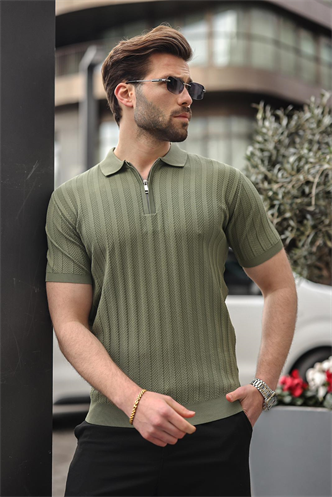 Haki Yarım Fermuarlı Polo Yaka Erkek Kazak E7458