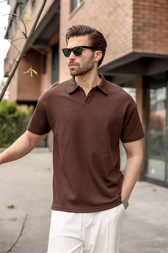 Acı Kahverengi Polo Yaka Oversize Erkek Tişört E7185