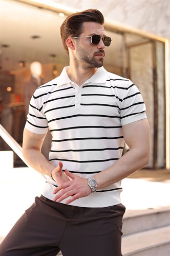 Beyaz Çizgili Polo Yaka Triko Erkek T-shirt E7405
