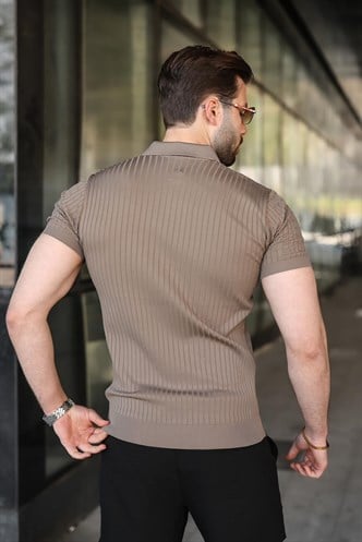 Açık Kahverengi Slim Fit Polo Yaka Triko Erkek Tişört E7472