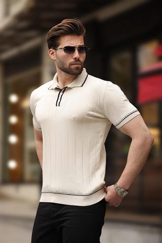 Ekru Düğmeli Polo Yaka Erkek Triko Tişört E7408