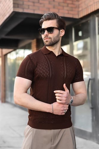 Kahverengi Delikli Polo Yaka Erkek Triko Tişört E7495
