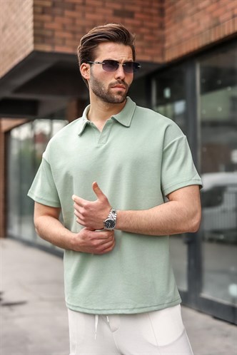 Mint Yeşili Polo Yaka Oversize Erkek Tişört E7185