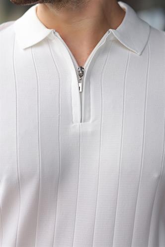 Madmext Beyaz Polo Yaka Fermuarlı Erkek T-shirt E7298
