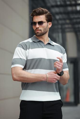 Beyaz Polo Yaka Çizgili Erkek Triko Tişört E7411