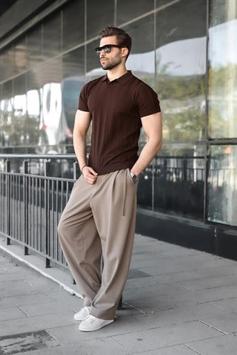 Kahverengi Slim Fit Polo Yaka Triko Erkek Tişört E7491