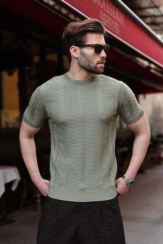 Haki Bisiklet Yaka Slim Fit Triko Erkek Tişört E7466