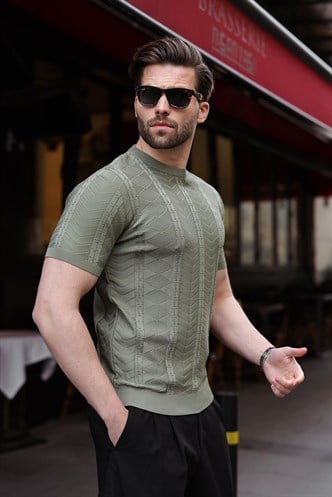 Haki Bisiklet Yaka Slim Fit Triko Erkek Tişört E7466