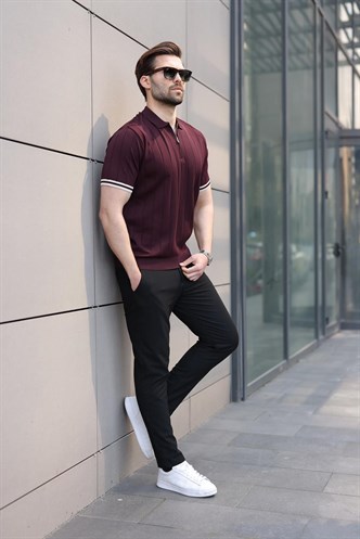 Madmext Erkek Mürdüm Polo Yaka Fermuarlı Tişört 6876