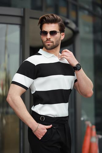 Siyah Polo Yaka Çizgili Erkek Triko Tişört E7411