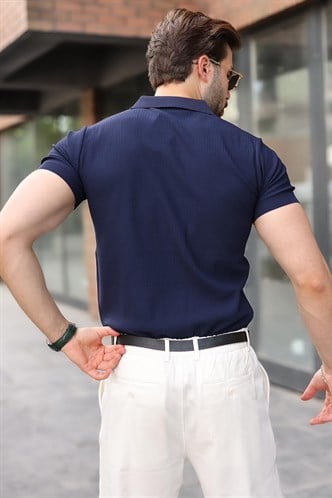 Lacivert Çıt Kapamalı Polo Yaka Triko Erkek Tişört E7493
