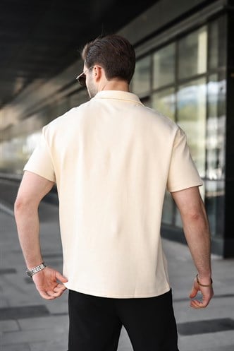 Bej Yarım Fermuar Detaylı Polo Yaka Erkek Tişört E7184