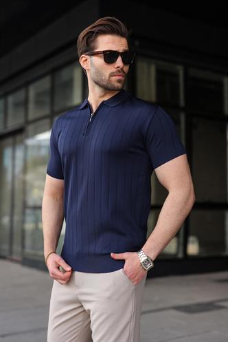 Madmext Lacivert Polo Yaka Fermuarlı Erkek T-shirt E7298