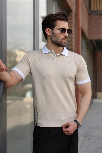 Taş Rengi Polo Yaka Triko Erkek Tişört E7470