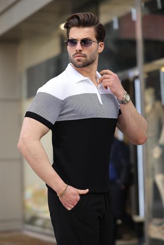 Siyah Renk Bloklu Polo Yaka Triko Erkek T-shirt E7409
